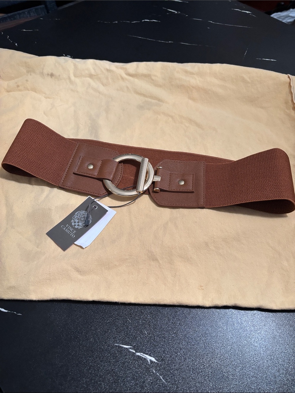 Vince Camuto Brown Elastic Waist Belt with Silver Ring Buckle